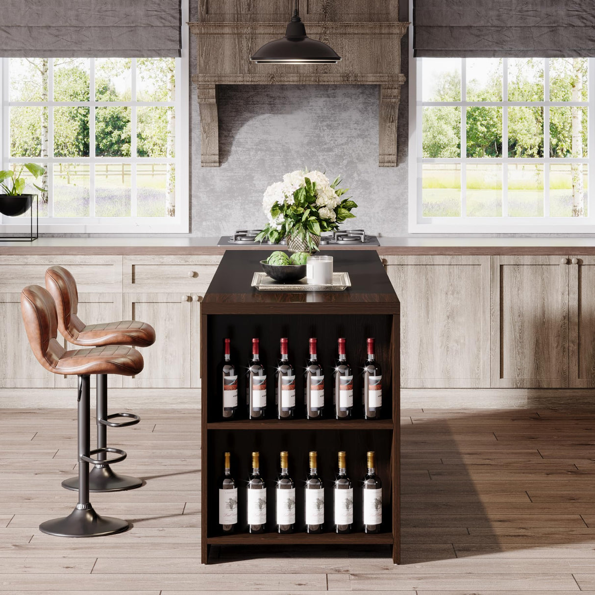 Tribesigns 55" Kitchen Island with Storage, Farmhouse 5-Tier Stationary Island Table with 5 Shelves, Wood Coffee Bar Table Storage Cabinet with Large Countertop for Kitchen, Dining Room Tribesigns