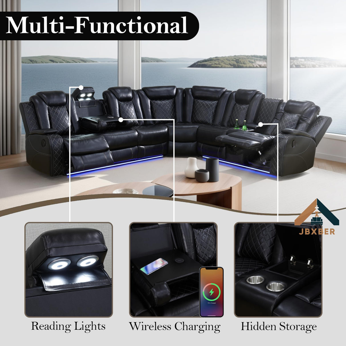 JBXBER Power Recliner Sectional Sofa Set for Living Room, Leather Recliner Sofa Sets, L-Shaped Corner Sectional Couch Sets with LED Lights, Console Storage(Sectional,Black) JBXBER
