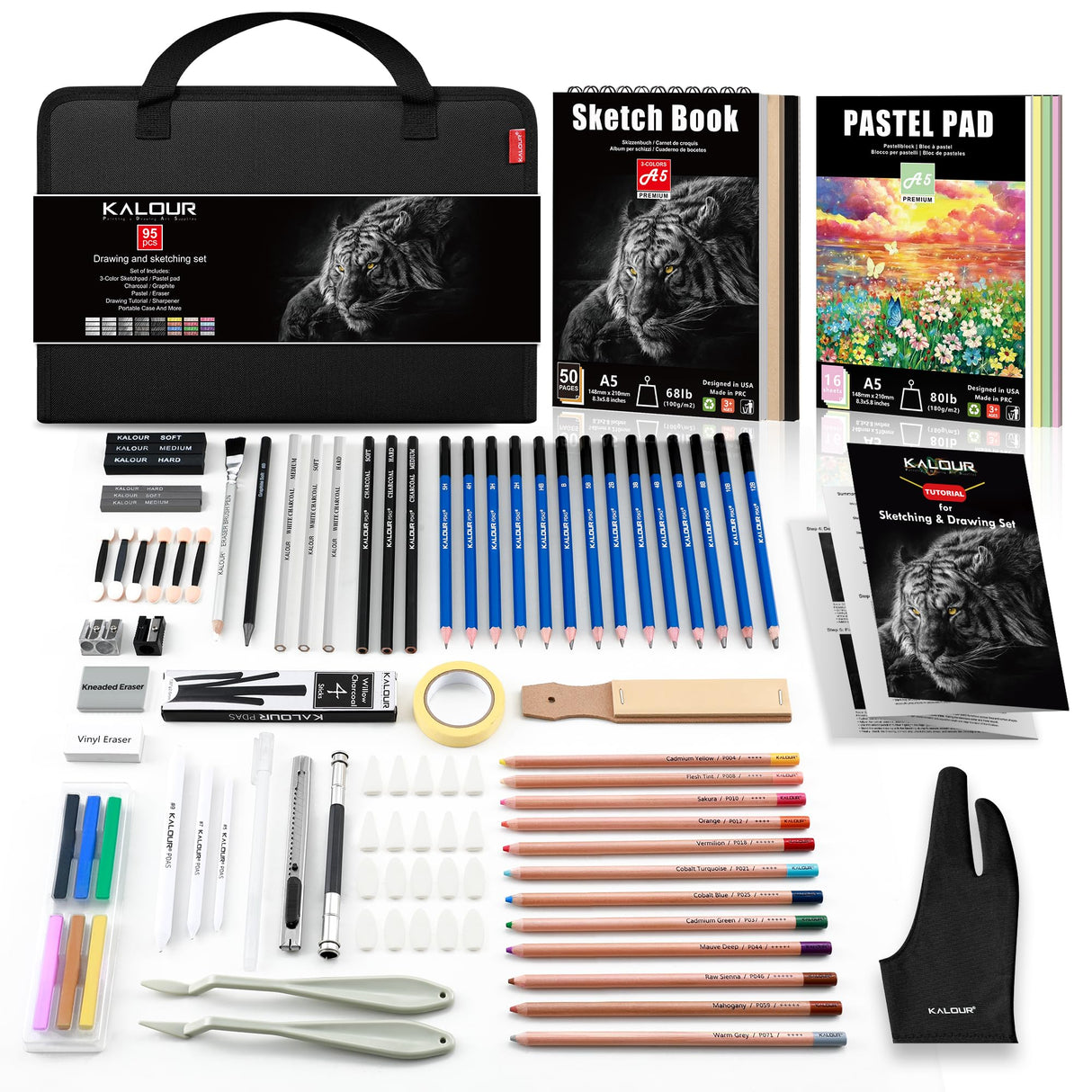 KALOUR 95-Piece Sketching and Drawing Art Set with 3-color Sketch Book and Pastel Paper – Graphite, Charcoal, and Pastel Pencils – Complete Artist Kit for Beginners and Professionals KALOUR