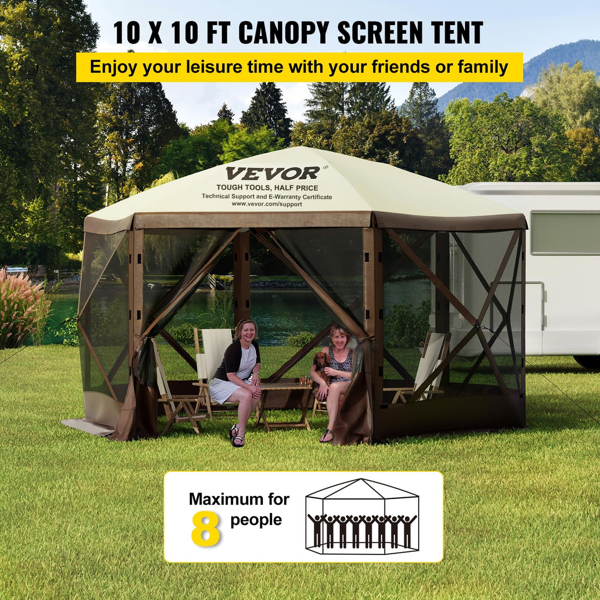 VEVOR Camping Gazebo Screen Tent, 10 * 10ft, 6 Sided Pop-up Canopy Shelter Tent with Mesh Windows, Portable Carry Bag, Stakes, Large Shade Tents for Outdoor Camping, Lawn and Backyard VEVOR