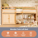 TOLEAD Low Loft Bed Twin Size with LED Lights, Twin Bed Frames for Kids, Kids Loft Bed with 14" H Safety Guardrail, Wood Twin Loft Bed with Storage Cabinet and Under-Bed Play Space (Natural) TOLEAD
