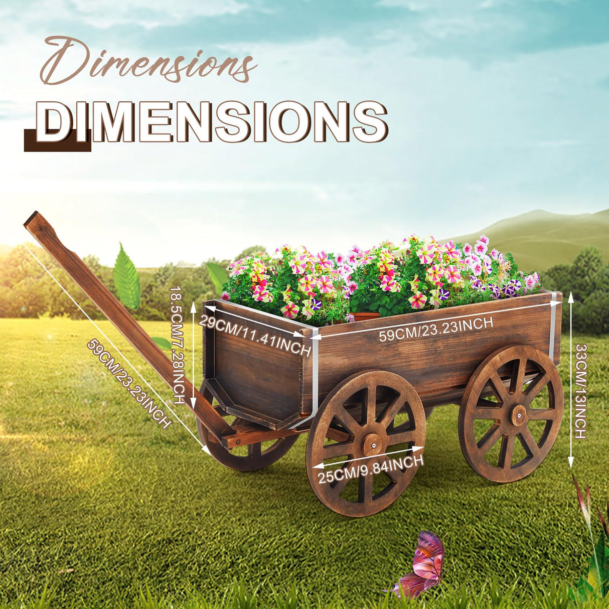 Beeveer Wooden Wagon Planter Box, Garden Planter with Wagon Wheels, Flower Cart for Patio Garden Balcony, Decorative Patio Planter Flowers Herbs Vegetables for Indoor Outdoor Decor, Brown (Classic) Beeveer