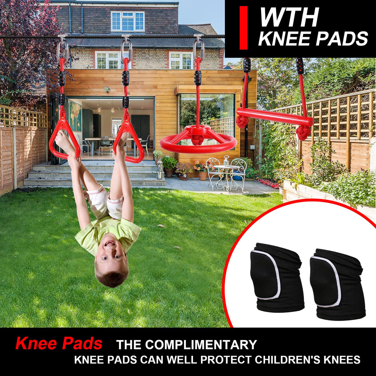 Ninja Warrior Obstacle Course for Kids Backyard with A Pair of Knee Pads, 60’ Ninja Slackline and Slackline Protective Tube with Unique Obstacles Climbing Net, Ninja Wheel, Monkey Bars, Gym Rings F7F9