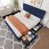 IDEALHOUSE King Size Bed Frame with 4 Storage Drawers and Adjustable Headboard, Linen Upholstered Platform Beds, Diamond Stitched Button Tufted, No Box Spring Needed, Blue IDEALHOUSE