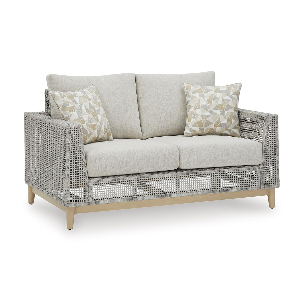 Signature Design by Ashley Seton Creek Cottage Weather Resistant Outdoor Loveseat with Cushion and 2 Throw Pillows, Light Brown & Light Gray Signature Design by Ashley