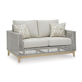 Signature Design by Ashley Seton Creek Cottage Weather Resistant Outdoor Loveseat with Cushion and 2 Throw Pillows, Light Brown & Light Gray Signature Design by Ashley