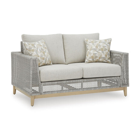 Signature Design by Ashley Seton Creek Cottage Weather Resistant Outdoor Loveseat with Cushion and 2 Throw Pillows, Light Brown & Light Gray Signature Design by Ashley