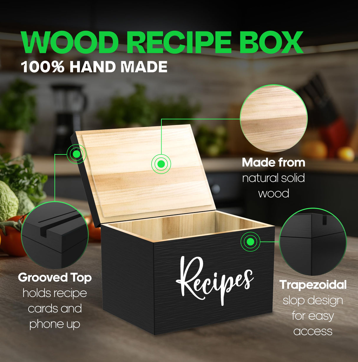 Jaconine Recipe Box, Wooden Recipe Organizer, Recipe Holder Box with 50 Recipe Cards 4""x6"" & 6 Dividers, Recipe Book to Write in Your Own Recipes, Black Jaconine