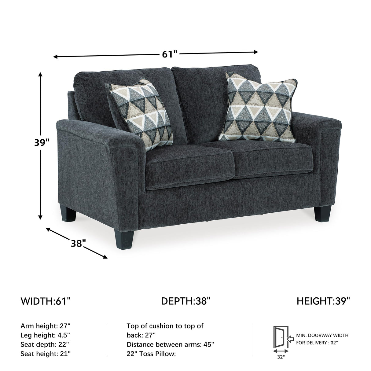 Signature Design by Ashley Abinger Chenille Contemporary Loveseat with 2 Accent Pillows, Dark Gray Signature Design by Ashley