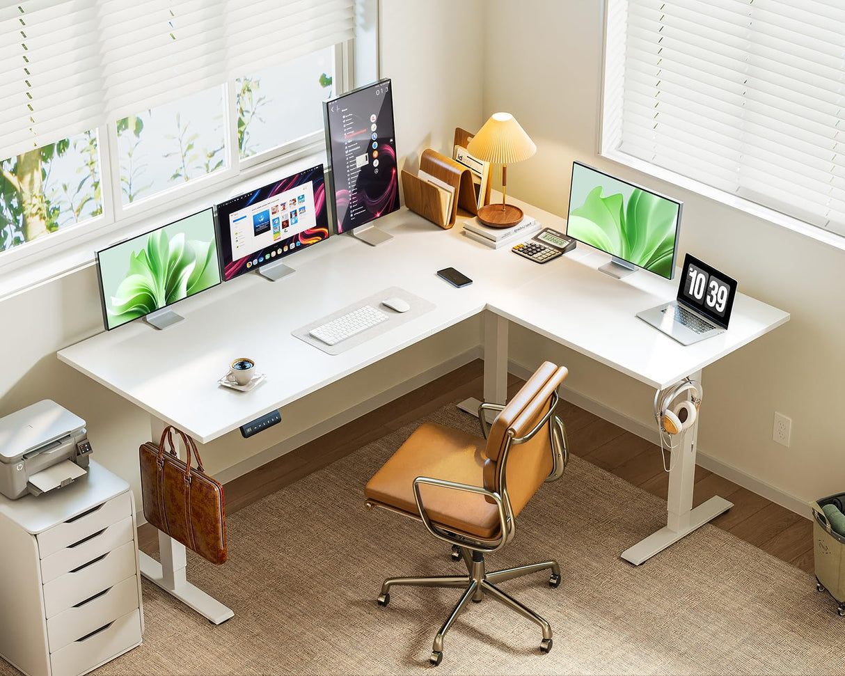Casaottima 63 Inch Reversible Electric L Shaped Standing Desk, Height Adjustable Corner Stand up Desk, Ergonomic Large Lift Table for Home, Office, Workstation, White Casaottima