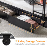 VINGLI Metal Bunk Bed Frame Twin Over Twin with 2 Drawers, LED Lights, Safety Guardrail & Ladder, Charging Station, for Kids, Teens & Adults, Space-Saving, No Box Spring Needed, Black VINGLI