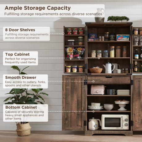ACCOHOHO 72" Tall Kitchen Pantry, Farmhouse Storage Cabinet with Barn Doors, Organizer, Drawer and Adjustable Shelves, Rustic Wood Cupboard for Kitchen, Dining Room, Bathroom, Rustic Brown ACCOHOHO