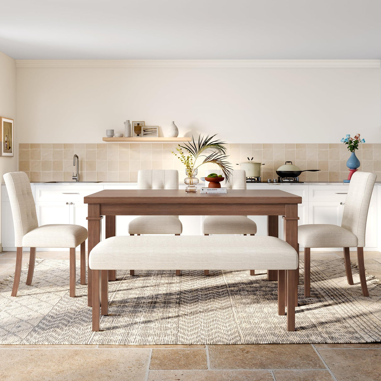 VilroCaz Modern 6-Piece Dining Table Set, Solid Wood 60'' Rectangle Kitchen Table with 4 Upholstered Chairs & Bench, Home Kitchen Dining Room Set for 6 (Walnut-7.19) VilroCaz