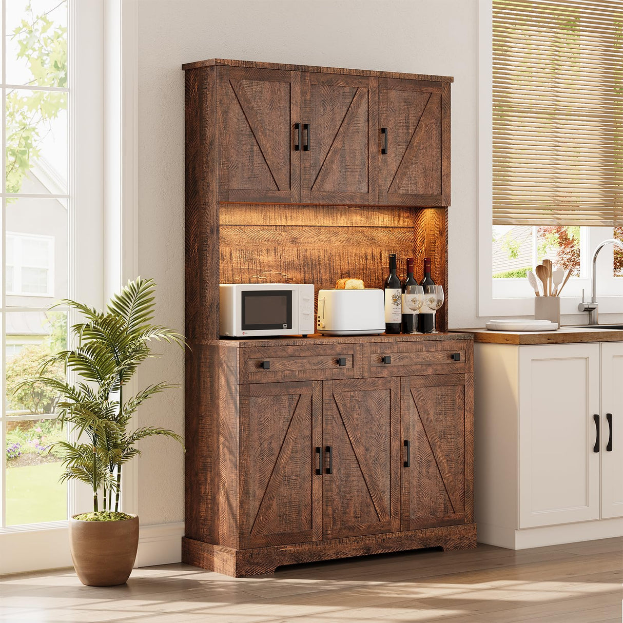 ELYKEN 71" Tall Ktchen Pantry Cabinet with Charging Station & LED Lights, Farmhouse Kitchen Hutch Cabinet with Microwave Stand & Large Countertop for Dining Room Living Room, Brown ELYKEN