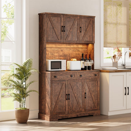 ELYKEN 71" Tall Ktchen Pantry Cabinet with Charging Station & LED Lights, Farmhouse Kitchen Hutch Cabinet with Microwave Stand & Large Countertop for Dining Room Living Room, Brown ELYKEN