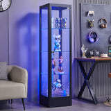 BECHAEO Glass Display Cabinet with LED Light and Lock, 63" Curio Storage Cabinet, 4-Tier Tempered Glass Adjustable Shelves, Metal Display Case for Living Room Playroom Office (Black) BECHAEO