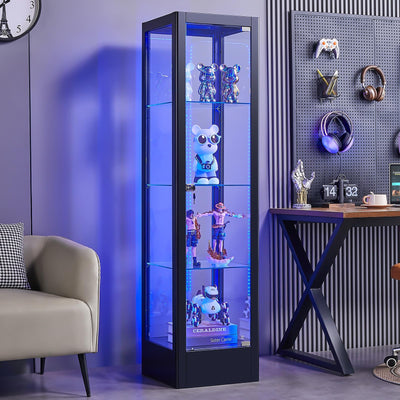 BECHAEO Glass Display Cabinet with LED Light and Lock, 63" Curio Storage Cabinet, 4-Tier Tempered Glass Adjustable Shelves, Metal Display Case for Living Room Playroom Office (Black)