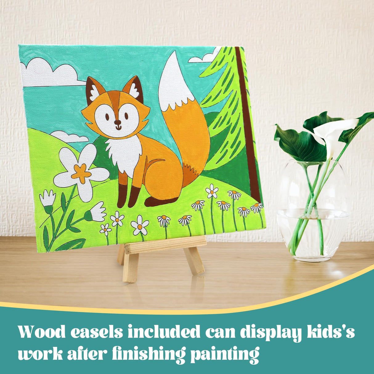 8 Packs Predrawn Canvas for Painting Kids Paint Canvas for Kids, 48 Paints, 8 Brushes 2 Easels, 8 6x8 Printed Canvas for Girls Boys and Beginners goldentime