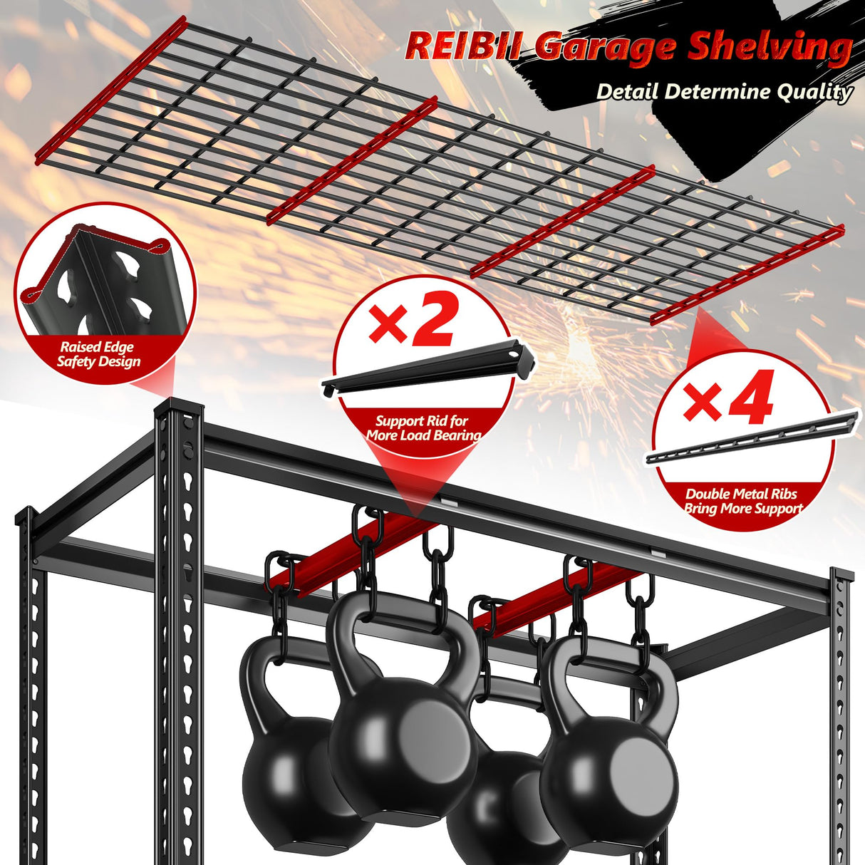 REIBII 48" W Storage Shelves, 6 Tire Garage Shelving Units Loads 3300LBS, Adjustable Garage Shelving Heavy Duty for Metal Shelves for Basement, Pantry, Warehouse, 48" W x 78" H x 18" D REIBII