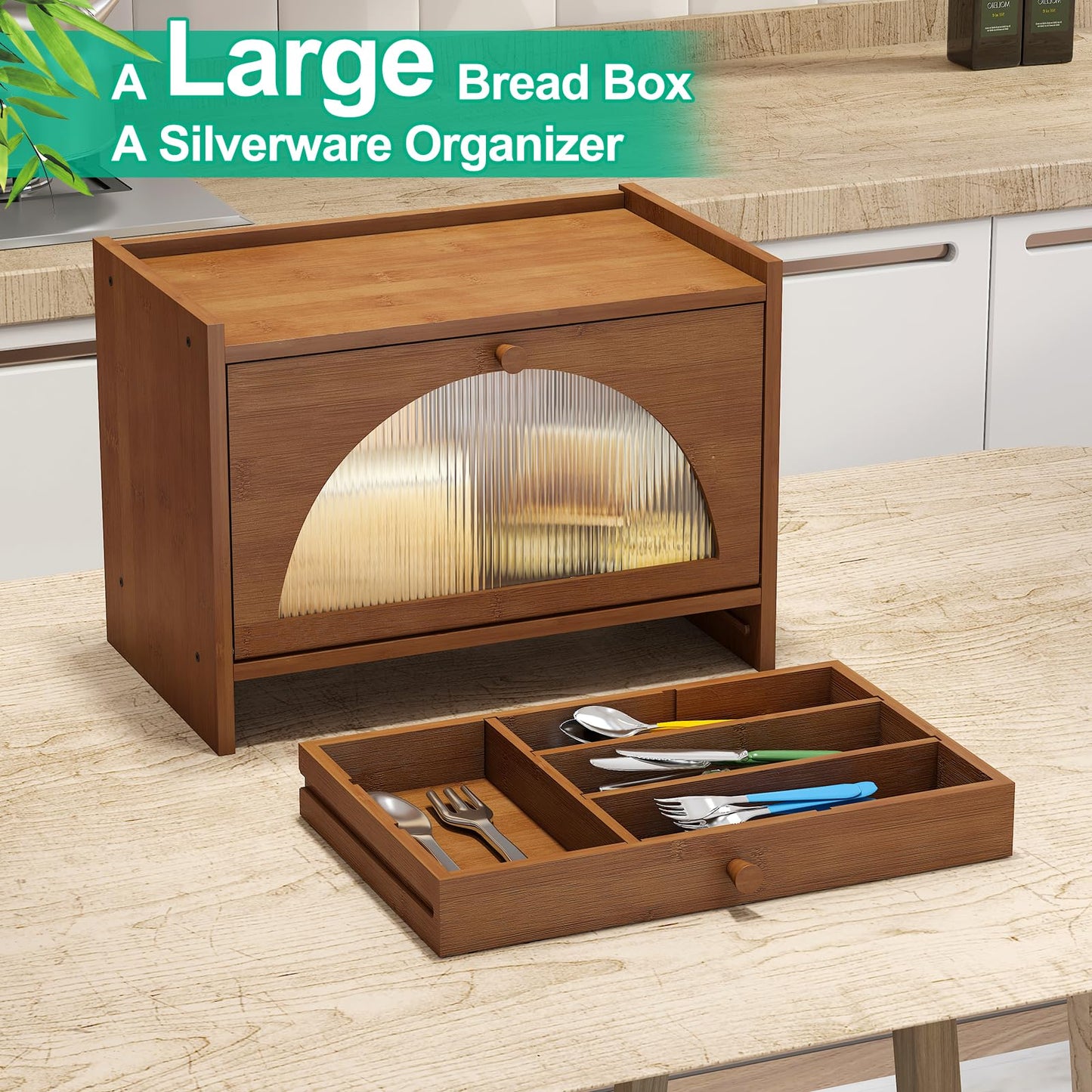 kiplant Bread Box for Kitchen Counter, Large Bamboo Bread Storage Container with Silverware Drawer, Bamboo Wooden Farmhouse Bread Box for Your House - WoodArtSupply