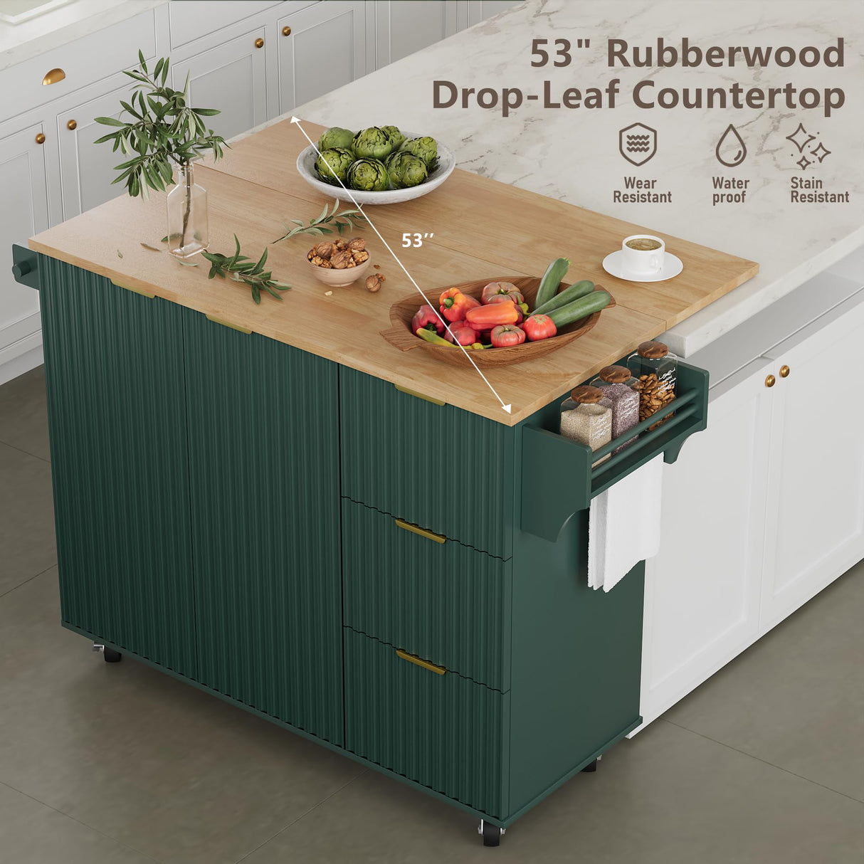 win2win Rolling Kitchen Island with Storage, Portable Kitchen Island with Drop Leaf Breakfast Bar, Modern Farmhouse Kitchen Cart on Wheels with Fluted Design, Towel Rack, Spice Rack, Olive Green win2win