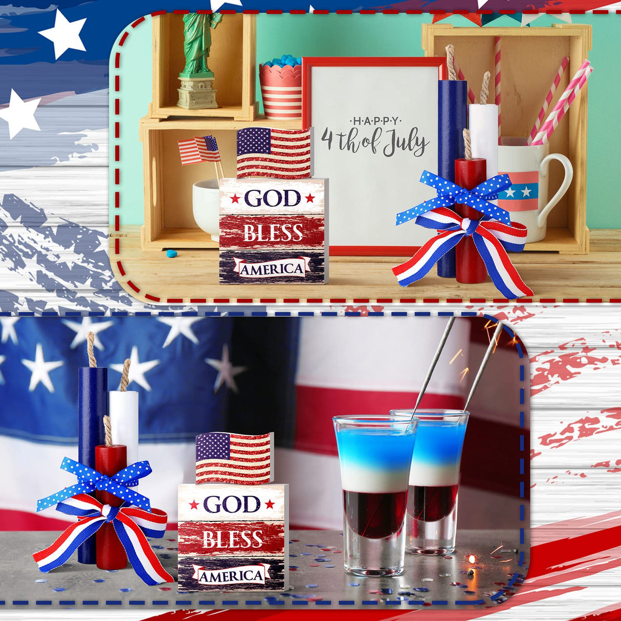 Amyhill 5 Pcs 4th of July Table Decorations Patriotic Table Centerpieces Rustic Independence Day Wood Firework Signs Tiered Tray Decor Rustic God Bless America Decor (American Flag) Amyhill