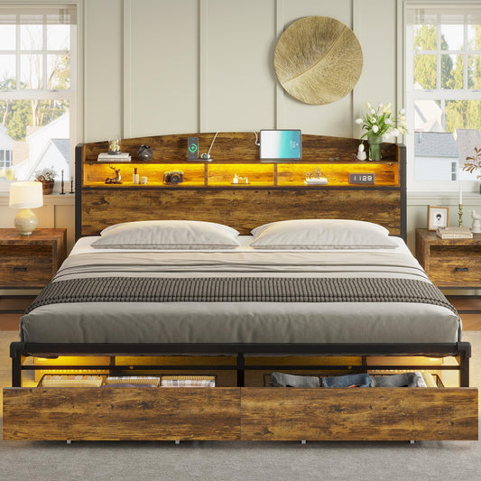 HAUOMS King Size Bed Frame with LED Headboard, Storage Drawers, and USB Charging Station - WoodArtSupply