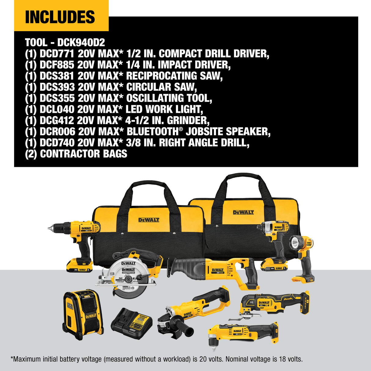 DEWALT 20V MAX Power Tool Combo Kit, 9-Tool Cordless Power Tool Set with 2 Batteries and Charger (DCK940D2) DEWALT
