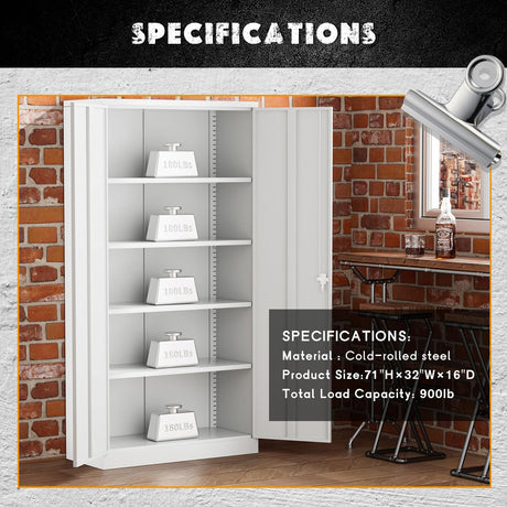 Greenvelly Metal Garage Storage Cabinet, White Steel Lockable Cabinet with 2 Doors and 4 Adjustable Shelves, 71" Utility Metal Filing Cabinet with Greenvelly