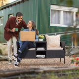 Flamaker Outdoor Furniture Patio Loveseat Wicker 2-Seat with Built-in Table and Cushions Rattan Porch Chairs Bench for Balcony, Lawn, Backyard (Beige) Flamaker