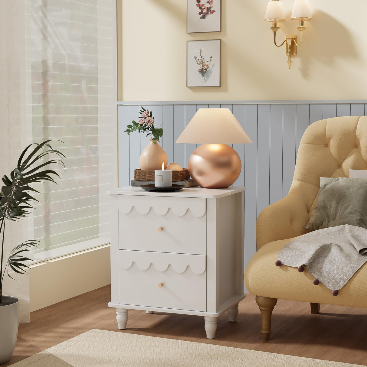 Anbuy 3 Pcs Bedroom Sets, Scalloped 6 Drawer Dresser and Night Stand Sets for Bedroom, Two Drawers Nightstand Set of 2 & 6 Drawer Dresser Combo 3 Pieces (White)