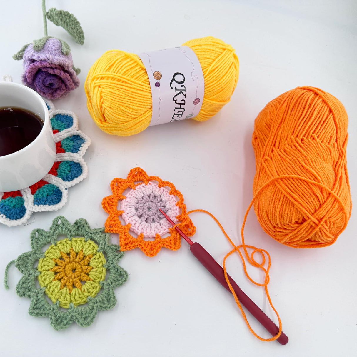 QKHEE Yarn for Crocheting and Knitting 12 * 1.76 Oz (50G) /195yd, Fine/Fingering Weight (1), 60% Cotton 40% Acrylic Soft Yarn kit for Making Sweater and amigurumi (Rainbow) QKHEE