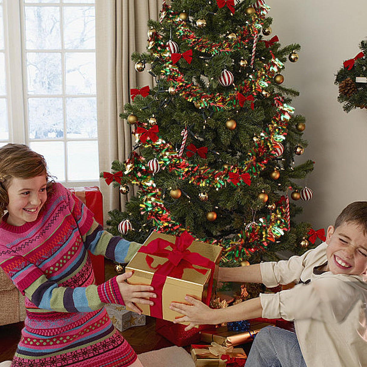 VESPRO 59 Feet Metallic Christmas Tree Garland Glitter Tinsel Twist Hanging for Indoor Outdoor Party Decorations (Red Green Gold) VESPRO