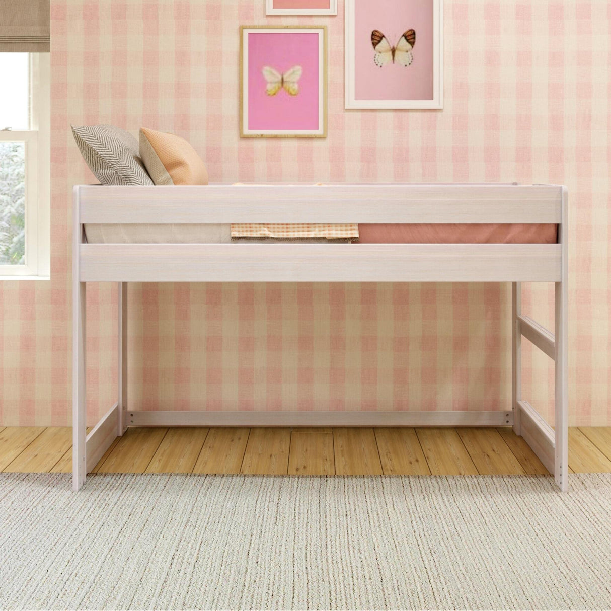 Max & Lily Modern Farmhouse Low Loft Bed, Twin Bed Frame For Kids, White Wash Max & Lily
