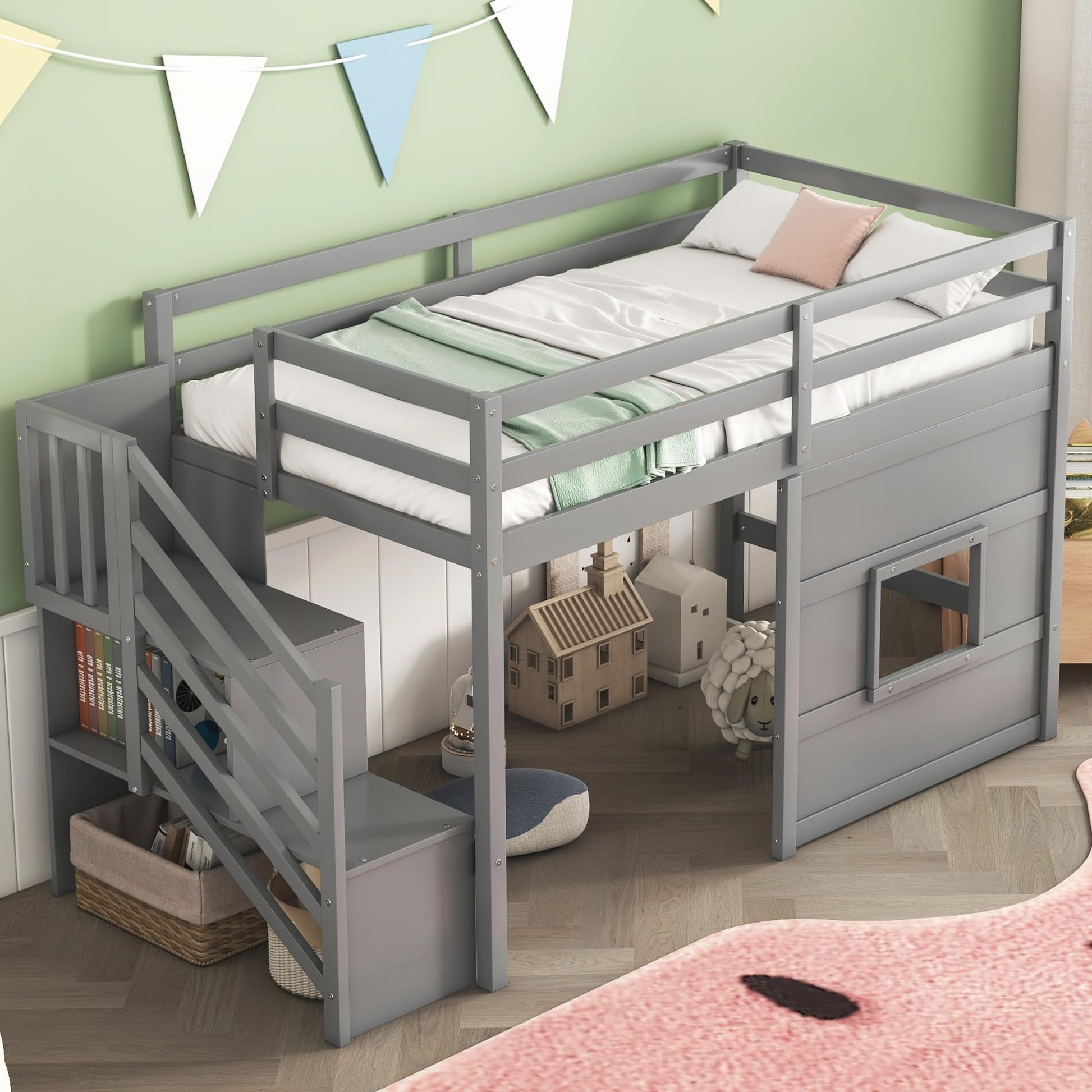 Harper & Bright Designs Grey Twin Size Low Loft Bed with Stairs and Playhouse Window - WoodArtSupply