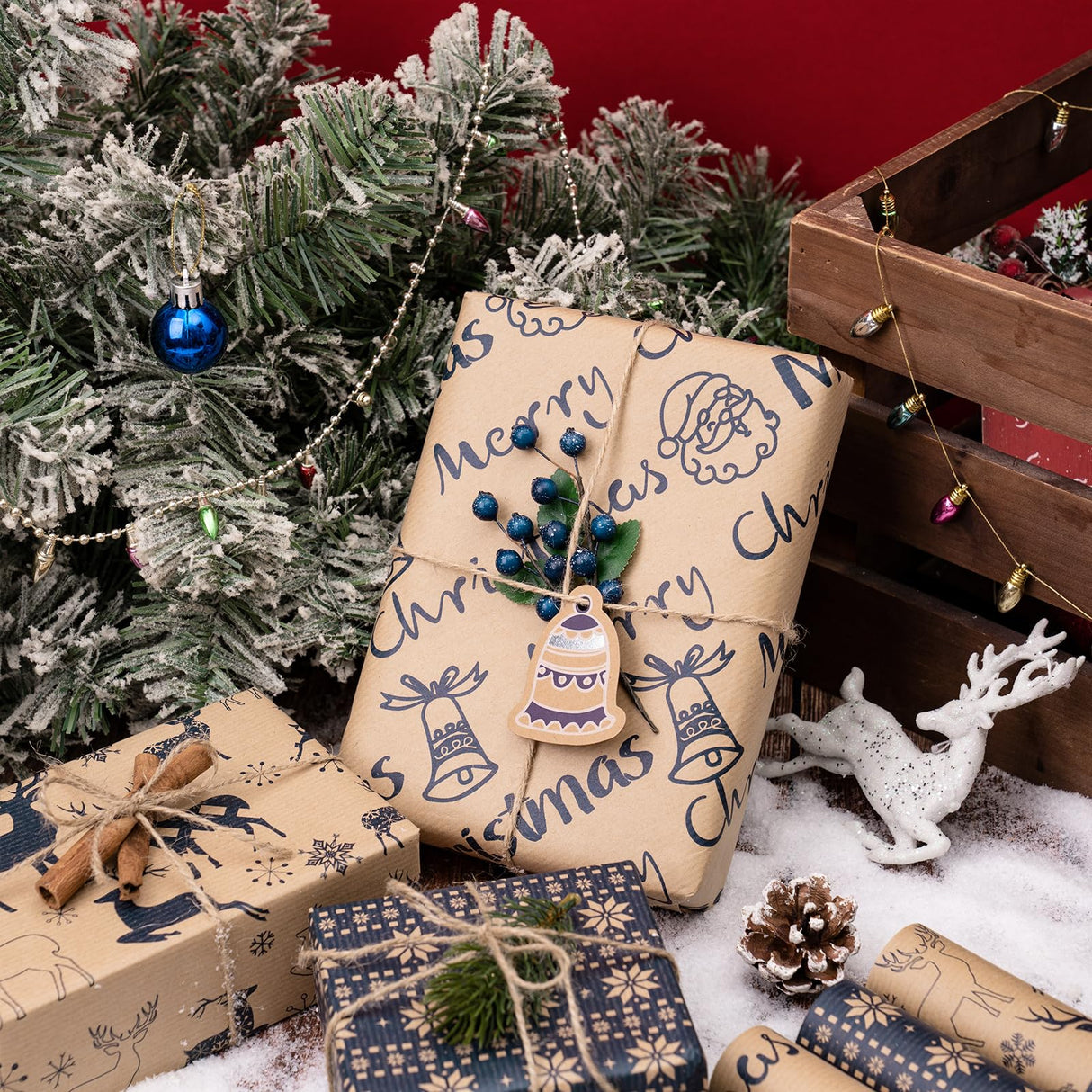 RUSPEPA Christmas Wrapping Paper Rolls - Mini Roll - 17 inches x 10 feet per Roll, Total of 3 Rolls - Reindeer and Snowflake RUSPEPA