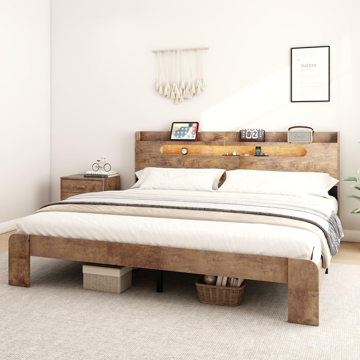 Decoholic King Size Wooden Bed Frame, Storage Headboard with Charging Station & Led Lights, Solid and Stable, Noise Free,Rustic Farmhouse Sturdy Framework Wood Bedframe, Easy Assembly Decoholic