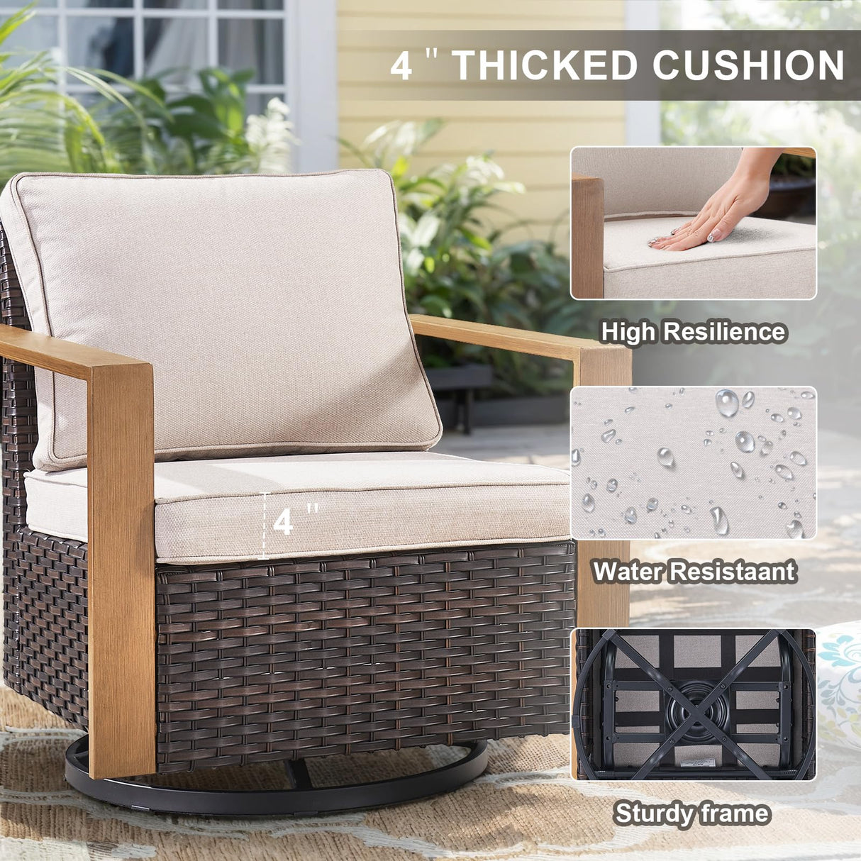 6 Piece Outdoor Patio Furniture Set with Propane Fire Pit Table, Wicker Patio Conversation Set with 2 Swivel Rocker Chairs Rattan Sofa and Removable 4" Thick Cushions for Deck Backyard Belord