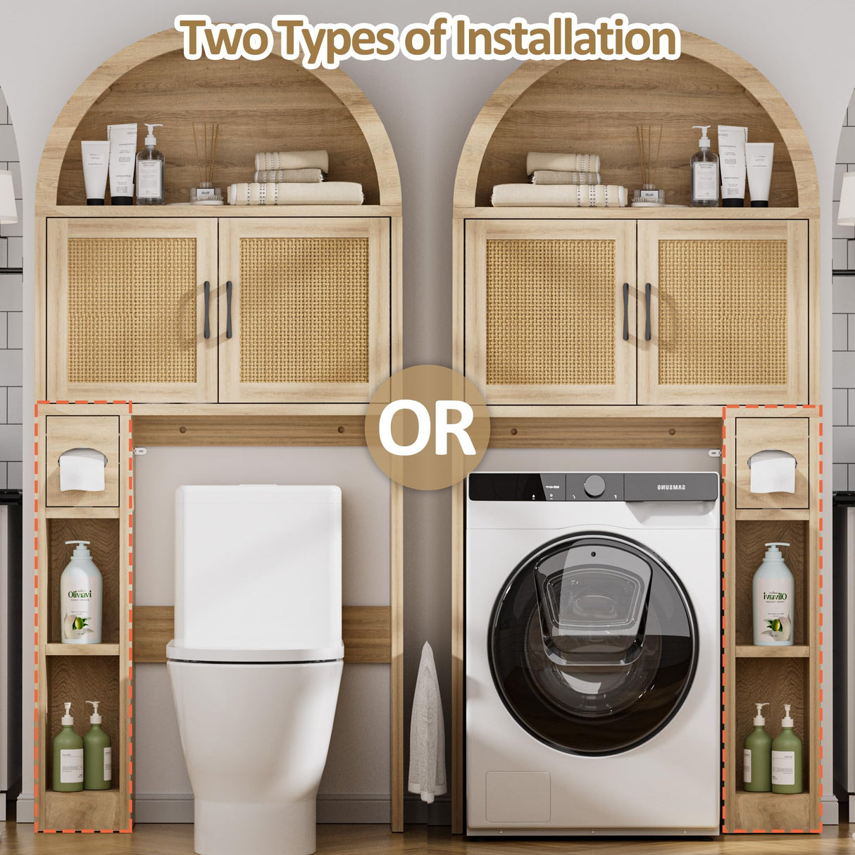 Spurgehom Over The Toilet Storage Cabinet, Bathroom Shelf Organizer Freestanding, Bathroom Arch Cabinet Over Toilet with Toilet Paper Holder and Anti-Tipping Device (Wood & Wicker Door) Spurgehom