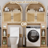 Spurgehom Over The Toilet Storage Cabinet, Bathroom Shelf Organizer Freestanding, Bathroom Arch Cabinet Over Toilet with Toilet Paper Holder and Anti-Tipping Device (Wood & Wicker Door) Spurgehom