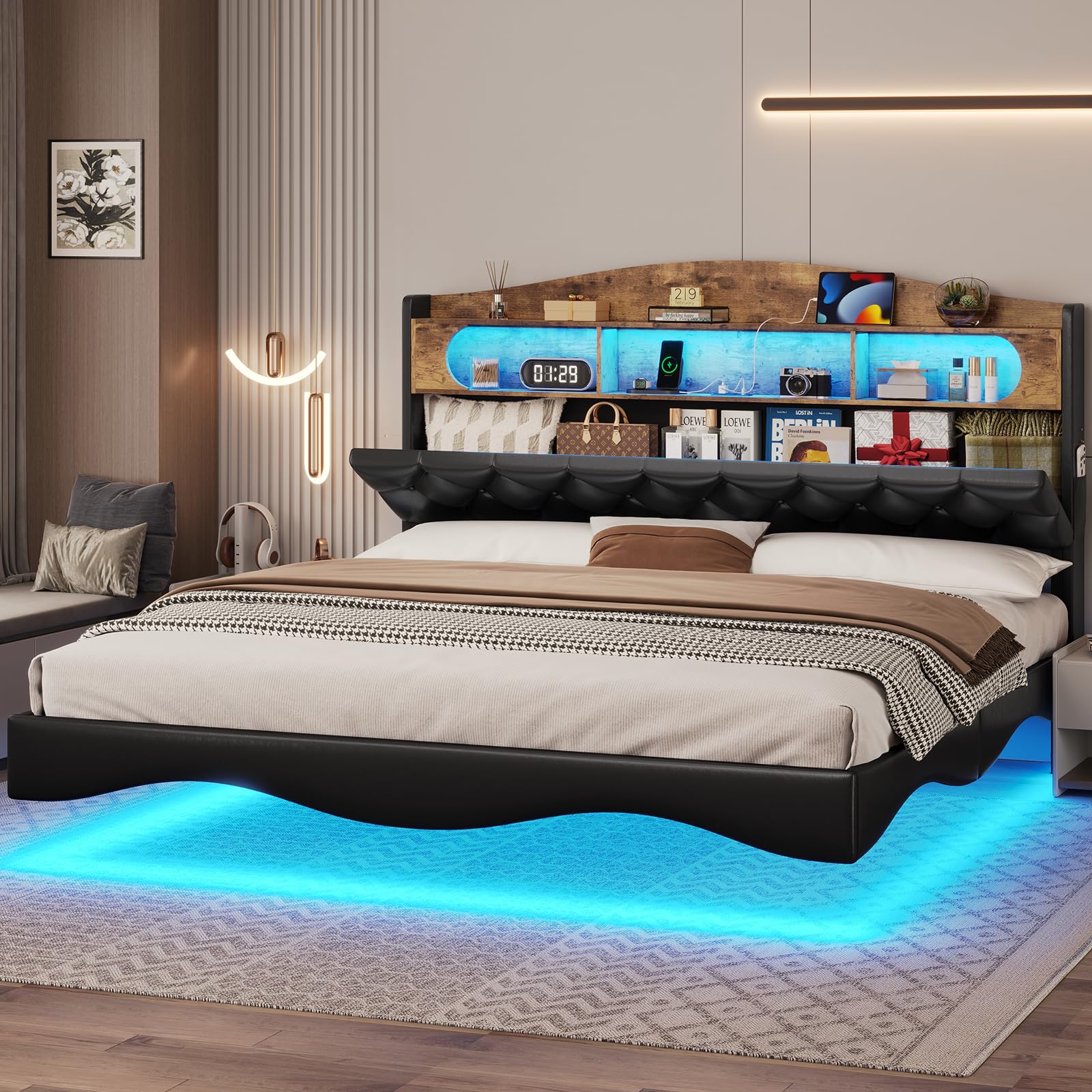 BTHFST Floating King Size Bed Frame with LED Lighting and Hidden Storage Headboard - WoodArtSupply