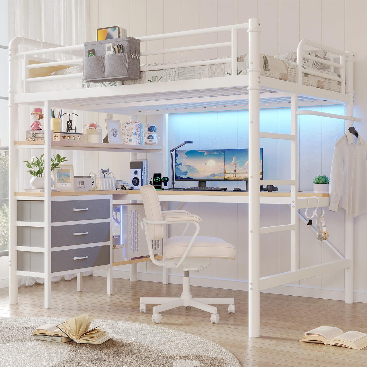 Jocoevol Full Size Loft Bed with L-Shaped Desk, LED Lights,Charging Station, Industrial Heavy Duty Metal Loft Bed Frame with 3 Storage Shelves and 3 Fabric Drawers, Safety Guard & Ladder, White Jocoevol