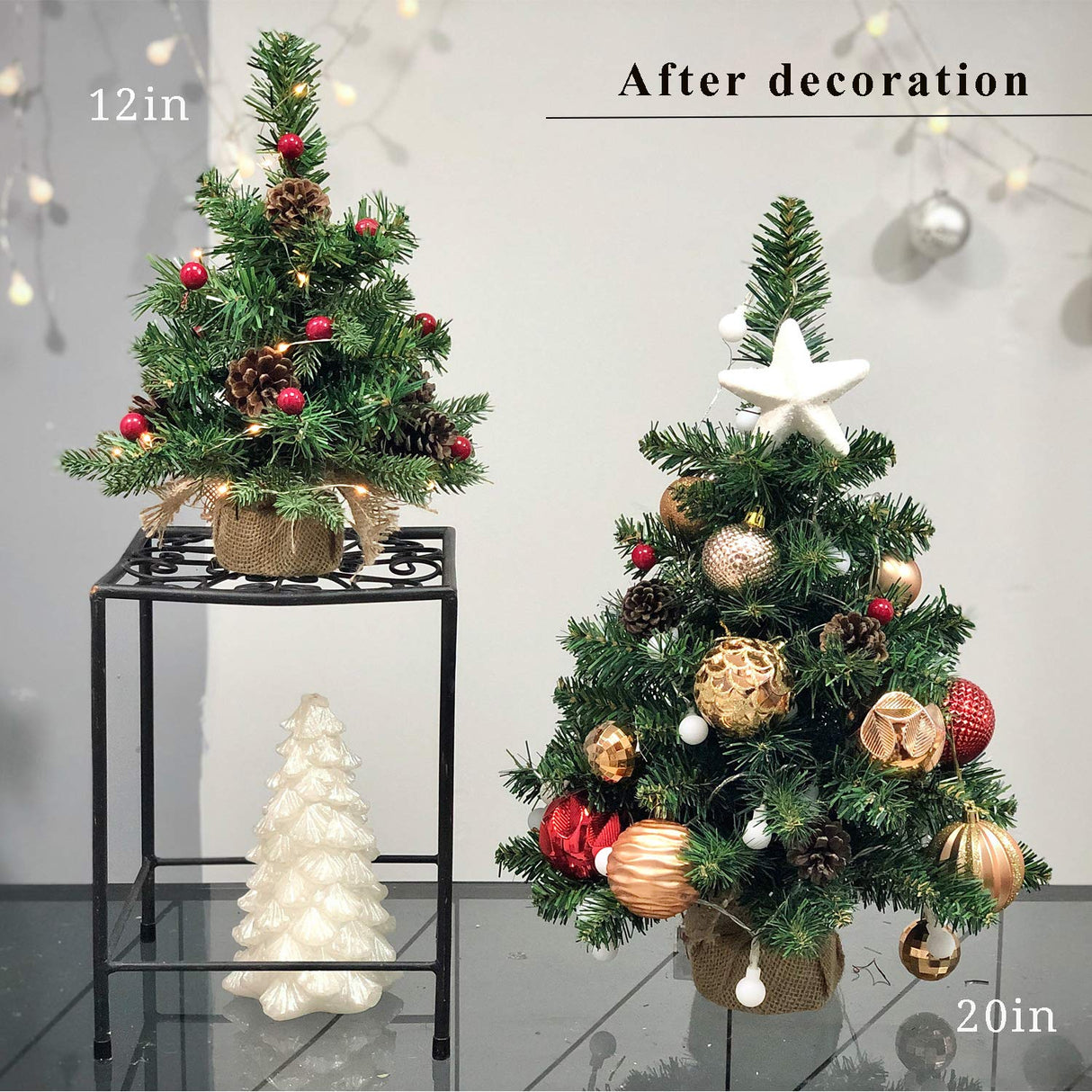 Pre-Lit Artificial Mini Christmas Tree,20 inch Miniature Pine Xmas Tree with 20 LED Lights,70 Branch Tips,Desktop Christmas Tree Burlap Base-(50cm) Topro