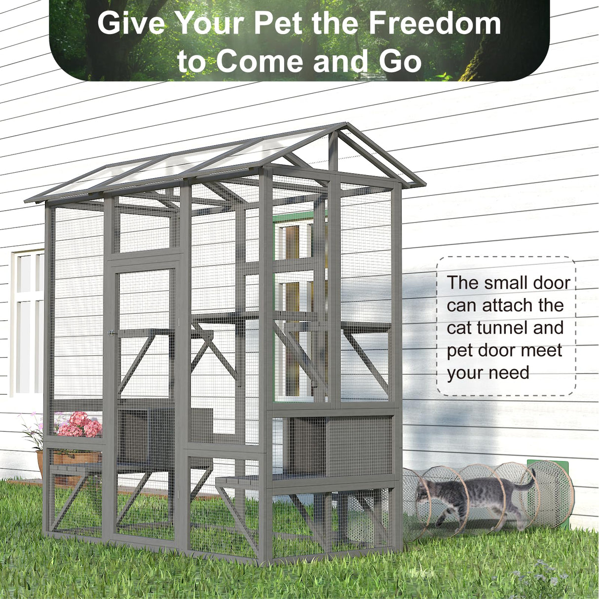 TIMHAKA Cat Catio, Large Cat House Outdoor, Outside Cat Enclosure with Sunshine Panel Roof and Waterproof Cover, Wooden Cat Cage with 7 Platforms & 2 Resting Box, Walk in Feral Cat Shelter, 72 inch TIMHAKA