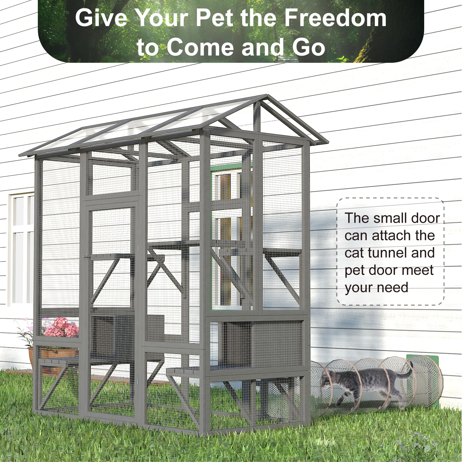 TIMHAKA Cat Catio, Large Cat House Outdoor, Outside Cat Enclosure with Sunshine Panel Roof and Waterproof Cover, Wooden Cat Cage with 7 Platforms & 2 Resting Box, Walk in Feral Cat Shelter, 7 - WoodArtSupply