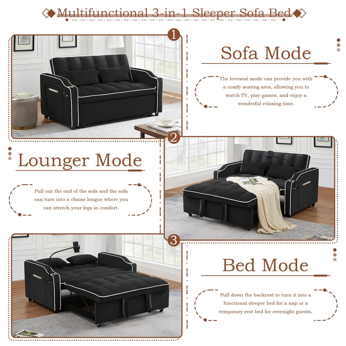 Pull Out Sofa Bed with Phone Holder, Convertible Velvet Loveseat Sleeper with 2 USB Charging Ports, Modern Futon Couch with Cup Holders and Adjustable Backrest, Small Love Seat for Living Room, Black KINFFICT