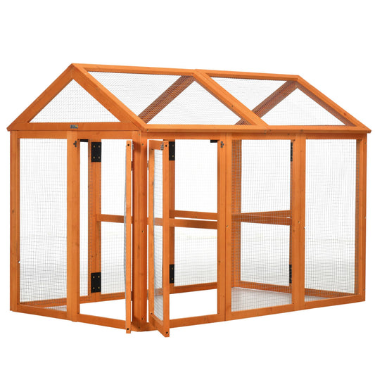 PawHut Chicken Run, Wooden Large Chicken Coop, Combinable Design with Perches & Doors for Outdoor, Backyard, Farm, 4.6' x 2.8', Orange