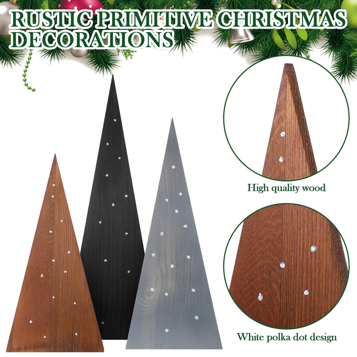 3 Pcs Large Wooden Christmas Trees Tabletop Decorations Minimalist Standing Rustic Wooden Trees Centerpieces Table Signs for Tables Farmhouse Xmas Decor for Home, 10/12/14 inches