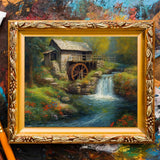 Waterfalls Scenery Paint by Numbers Kits with Brushes and Acrylic Pigment on Canvas Painting for Adults, Forest Log Cabin Waterwheels Arts Crafts for Home Decor Gifts 16''x20'' (DIY Frameless) XTXGERL
