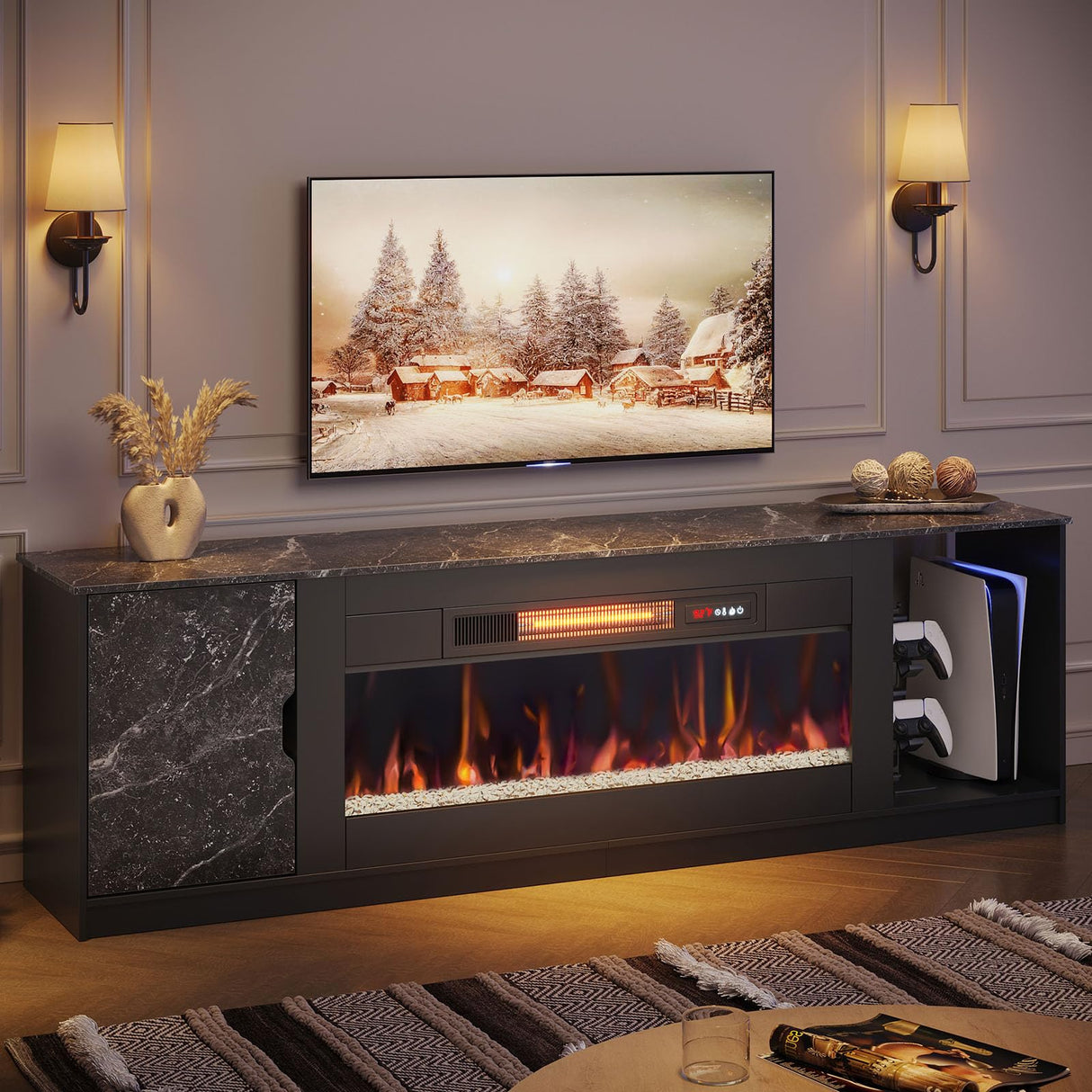 Bestier 70" Fireplace TV Stand for 80" TV with Storage Cabinet, Modern PS5 Entertainment Center with 36" Electric Fireplace, Open Storage Shelve for Living Room Black Marble Bestier
